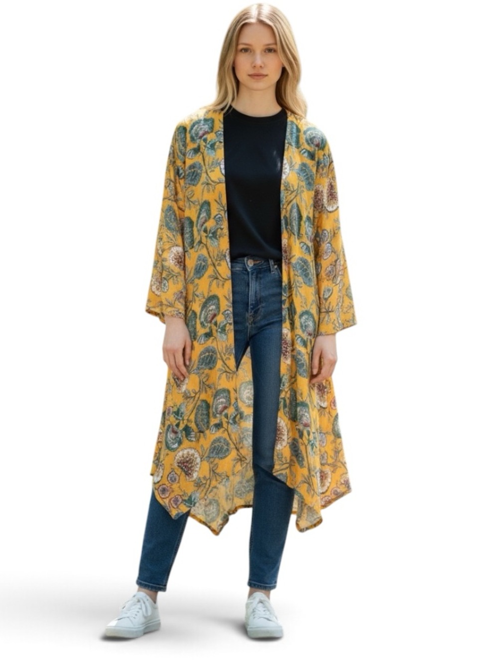 Yellow Haute Hippie Blair Floral Kimono Lightweight Boho Cover Up Sz Med